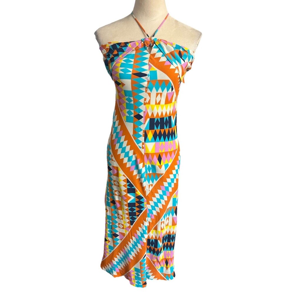 Zara Geometric Print Midi Halter Size M Colorful Vacation Beach Dress